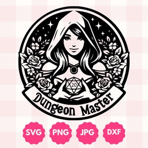 Grafica Dungeon Master D20 / Regalo per giocatori di ruolo da tavolo, Dungeon Crawler / Dadi floreali alla moda Donna Sublimazione Design Svg Png Dxf Taglio