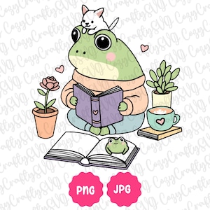 Kawaii Frog Reader PNG | Cute Bookish Gift for Bookworms, Book Lovers, Teachers | Commercial Use | Pastel Frog Reading Puppy Graphic Clipart