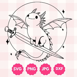 May include: A black and white line drawing of a cute dragon with wings and a tail. The dragon is sitting on a sword with a heart-shaped pommel. The dragon is in a circle with stars around it.