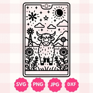 Gráfico de carta del tarot de vaca de las tierras altas kawaii / regalo para amantes de los animales, regalo para amantes de las vacas / Flores silvestres Vaca mística de las tierras altas Clipart Svg Png Dxf Cortar