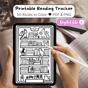 Rastreador de libros TBR de estantería, registro de lectura imprimible digital / diario de lectura para colorear con cartas del tarot, desafío de 50 libros, dragones, suculentas, gatos