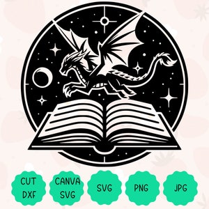 Grafisch drakenboek | Cadeau voor boekenwurmen, cadeau fantasielezer | Celestial Mystical Dragon Reader Book | Svg, png, dxf-bestand, jpg