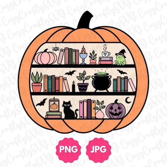 Pumpkin Bookshelf PNG | Gift for Bookworm, Plant Lover, Book Reader | Cute Moody Spooky Haunted Halloween Cat Cauldron Bookshelf Clipart
