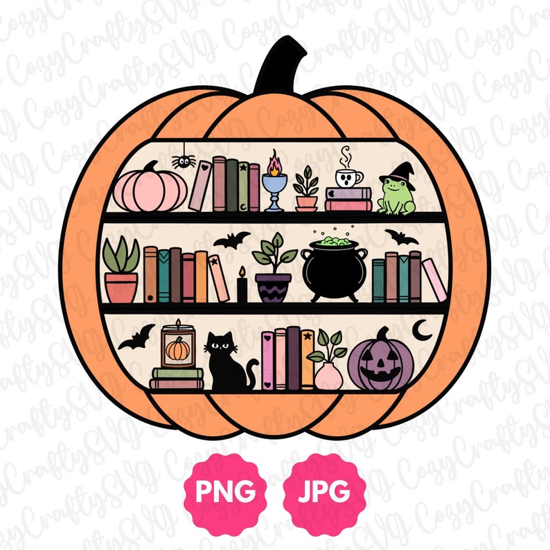 May include: An orange pumpkin with a black outline, depicting a bookshelf inside. The bookshelf is filled with books, candles, plants, a cauldron, a cat, a spider, a frog, and a moon.