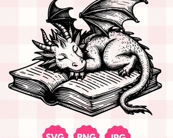 Cottagecore Book Dragon Graphic | Gift for Bookworms, Fantasy Readers Gift | Trendy Cute Bookish Sleeping Dragon Reader Svg Png Clipart