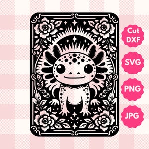 Gráfico de tarot de axolotl kawaii / Regalo para amantes de los animales, Regalo para amantes de los anfibios / Carta de tarot de axolotl mística bohemia Svg, Png, Archivo de corte Dxf, Jpg