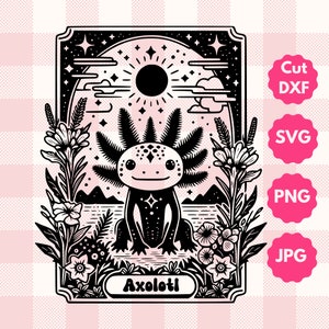 Gráfico de tarot de axolotl kawaii / Regalo para amantes de los animales, Regalo para amantes de los anfibios / Carta de tarot de axolotl mística bohemia Svg, Png, Archivo de corte Dxf, Jpg