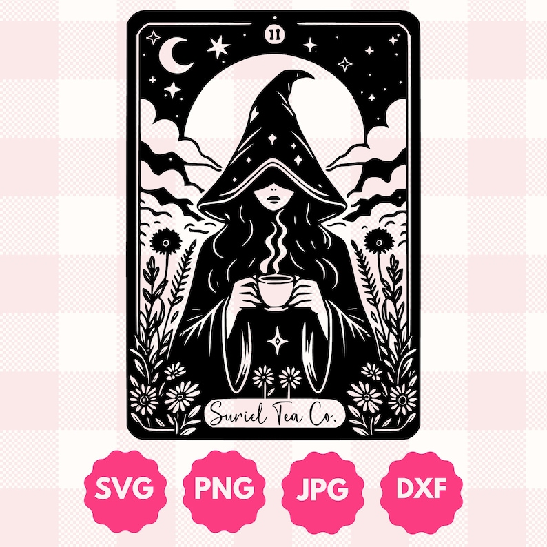 Tarot card design graphic with a mysterious woman wearing a hooded cloak and drinking tea, surrounded by wildflowers, stars and large moon in the sky. Text Suriel Tea Co at the bottom. ACOTAR inspired PNG SVG DXT cut file. Perfect for print on demand