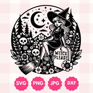 May include: Black and white illustration of a witch sitting on a tombstone with the text "Witch Please" in a circle surrounded by flowers, skulls, and a crescent moon.