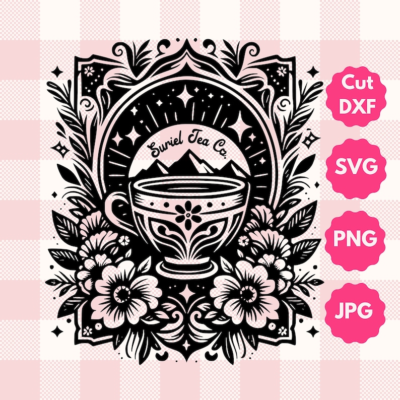 A decorative tarot card design featuring a teacup against a backdrop of mountains and stars, adorned with floral elements. The text reads Suriel Tea Co. ACOTAR inspired graphic. PNG, JPG, DXF Cut File, and SVG. Works in Canva. Gift for fantasy reader