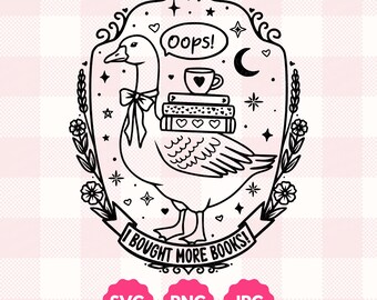Silly Goose Booklover SVG PNG | Oops Bought Another Book | Boho Whimsical Cottagecore TBR Graphic for Shirts Stickers Totes Coloring Page