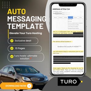May include: A screenshot of a mobile phone displaying a Turo confirmation message. The message includes the car's make, model, and year, as well as the pickup location. The message also includes a thank you note to the renter and wishes them safe travels.