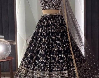 alluring georgette Black lengha with embroidery