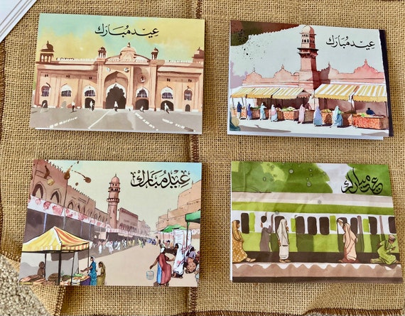Eid Mubarak cards with envelopes - pack of 4/8/12 or individual cards in Urdu- Wall art and decor for Eid ul Adha gifts - Farsi/Arabic cards