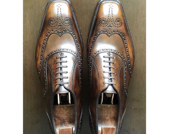 Koop nieuwe herenmode op maat gemaakte premium lederen bruine chocoladepatina Oxford Wingtip-stijl schoen