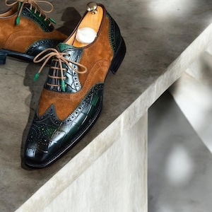 Buy New Men&#39;s Fashion Shoe Green Crocodile Texture With Brown Velvet | Bespoke Premium Leather Oxford Wingtip Style Shoe | Lace Up shoe