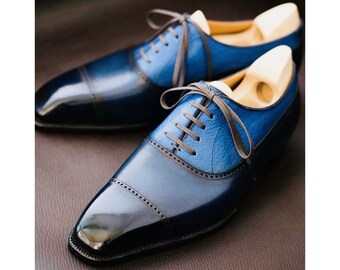 Scarpe Oxford in pelle fatte a mano: scarpe eleganti con punta a coda di rondine blu e nere