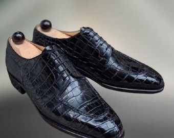 Handmade Black Alligator Leather Oxford Shoes: Men's Wingtip Dress Shoes