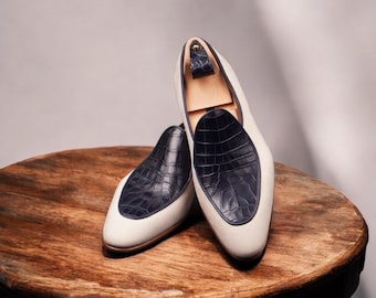 Men's Bespoke Leather Loafers: Tan & Black Crocodile Texture Slip-Ons