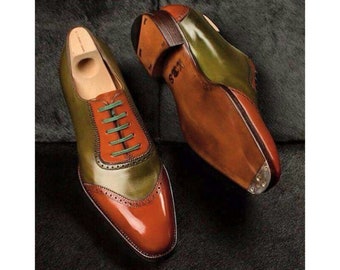Buy New Men's Fashion Bespoke Premium Leather Green & Brown Patina Oxford Wingtip Style Shoe