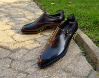 Handmade Black Leather Monk Strap Shoes: Bespoke Vintage Style