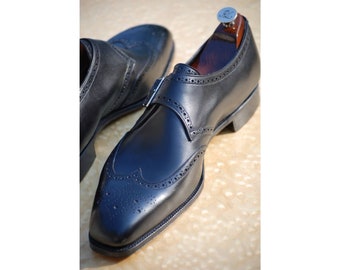 Nuevo zapato estilo Oxford con punta de ala de pátina negra de cuero de primera calidad a medida para hombre