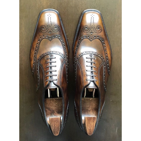 Handmade Leather Oxford Wingtip Shoes - Brown Patina Bespoke Style