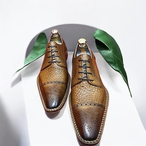 Buy New Men&#39;s Fashion Shoe | Bespoke Premium Leather Oxford Wingtip Style in Crocodile Texture Design Brown Color Lace Up Shoe