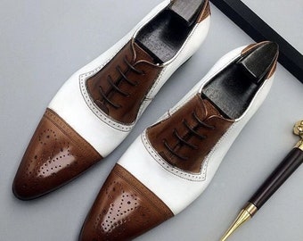 Nuevos zapatos Oxford de cuero con punta de ala en marrón y blanco hechos a medida para hombre