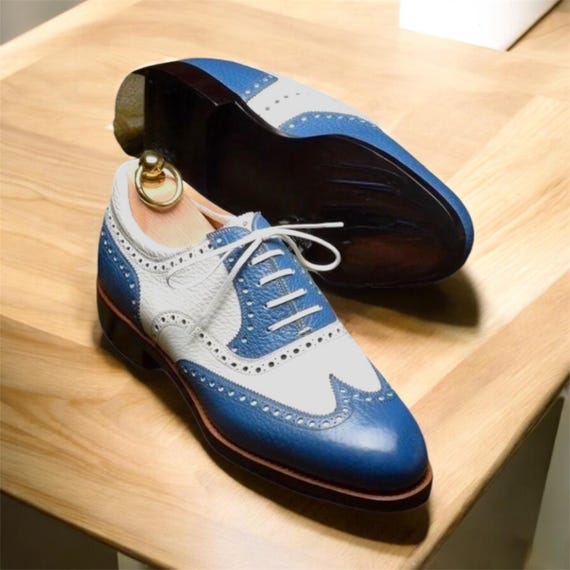 Handmade Leather Oxford Shoes: Bespoke Blue & White Lace-up 
