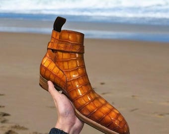 Handmade Leather Chelsea Boots: Brown Crocodile Pattern, Bespoke Style