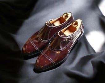 Handmade Burgundy Leather Monk Strap Shoes: Bespoke Men's Fashion