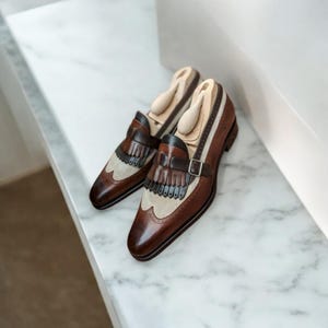 Buy New Men's Fashion Bespoke Premium Leather Brown and Tan Loafers & Slip On Vintage Style Monk Shoe