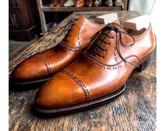 New Men's Fashion Bespoke Premium Leather Brown Patina Oxford Wingtip Style Shoe