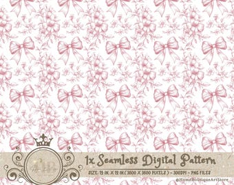 Pink Toile Coquette Seamless Patterns Bows Digital Paper Wallpaper Scrapbook Paper Pink Chinoiserie Floral Pattern Vintage Floral Patterns