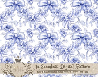 Patrones sin costuras de coqueta de toile azul Lazos Papel digital Papel tapiz Papel para álbumes de recortes Estampado floral chinoiserie azul Patrones florales vintage
