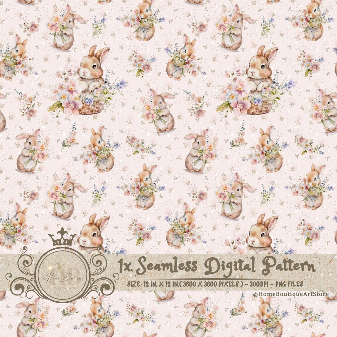 Floral Bunnies Watercolor Digital Paper Bunnies Seamless Pattern ...