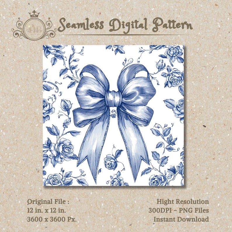 Blue Bow Toile Seamless Patterns Bows Coquette Digital Paper Wallpaper ...
