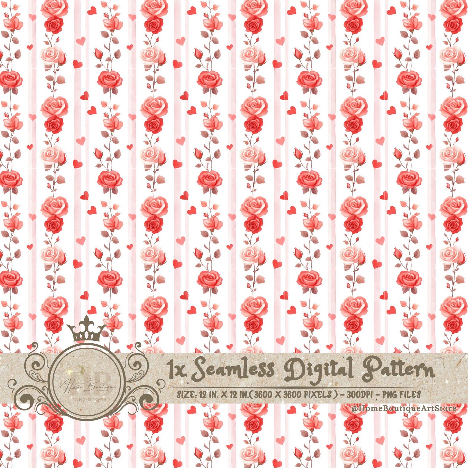 Valentines Roses Heart Stripe Seamless Pattern Roses Watercolor Digital ...