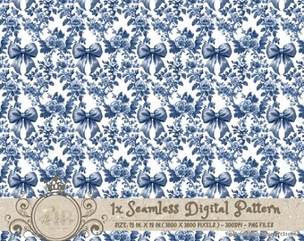 Blue Toile Coquette Seamless Patterns Bows Digital Paper Wallpaper Scrapbook Paper Blue Chinoiserie Floral Pattern Vintage Floral Patterns
