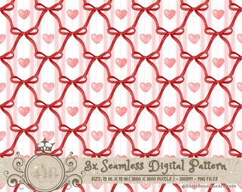 Valentines Bows and Hearts Watercolor Digital Paper Valentines Bows and Hearts Seamless Pattern Hearts Pattern Bow Scrapbook Paper