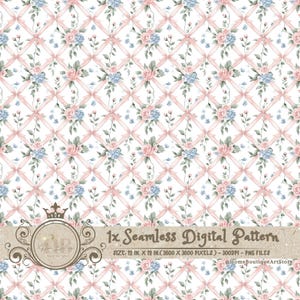 Może przedstawiać: Bezszwowy wzór cyfrowy przedstawiający różowe i niebieskie róże akwarelowe z zielonymi liśćmi, ułożone w siatkę z różowymi kokardkami. Wzór ma 12 cali na 12 cali i 300 DPI.