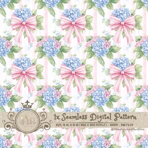 Puede incluir: Un patrón digital sin costuras que presenta ilustraciones de acuarela de ramos de hortensias azules y rosas atados con lazos rosas sobre un fondo blanco con rayas rosas. El patrón mide 12 pulgadas por 12 pulgadas y 300 DPI.