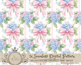 Pink Bow Hydrangea Seamless Pattern Hydrangea Watercolor Digital Paper Hydrangea Scrapbook Pink Bow Floral Pattern Vintage Floral Patterns