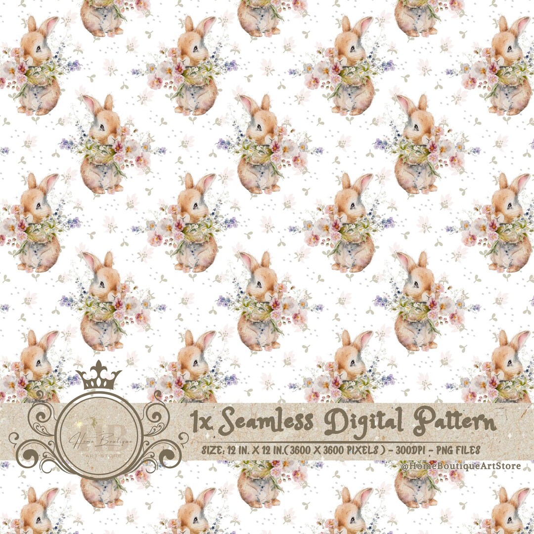 Floral Bunnies Watercolor Digital Paper Bunnies Seamless Pattern ...