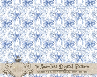 Blue Toile Coquette Seamless Patterns Bows Digital Paper Wallpaper Scrapbook Paper Blue Chinoiserie Floral Pattern Vintage Floral Patterns