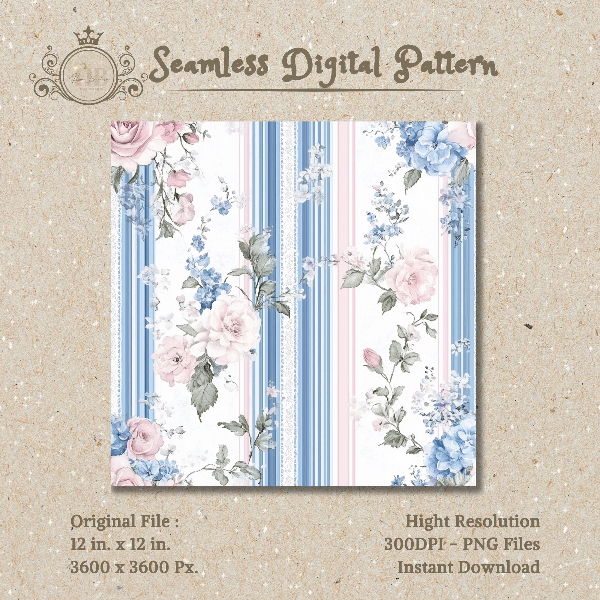 Blue Stripe Seamless Pattern Pink Floral Digital Paper Wallpaper ...