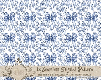 Blue Bow Toile Seamless Patterns Bows Coquette Digital Paper Wallpaper Scrapbook Paper Chinoiserie Floral Pattern Vintage Floral Patterns