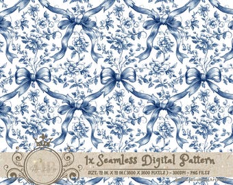 Blue Toile Coquette Seamless Patterns Bows Digital Paper Wallpaper Scrapbook Paper Blue Chinoiserie Floral Pattern Vintage Floral Patterns