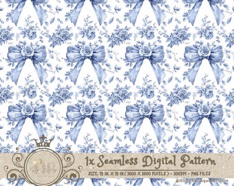 Blue Toile Coquette Seamless Patterns Bows Digital Paper Wallpaper Scrapbook Paper Blue Chinoiserie Floral Pattern Vintage Floral Patterns